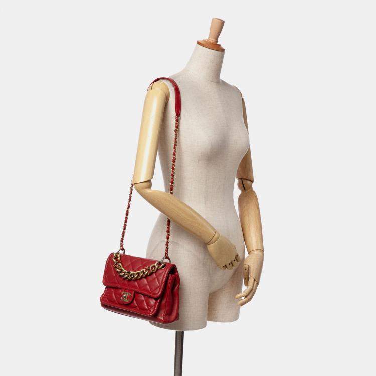 Pre Owned Chanel Red Small Quilted Lambskin Chain Link Flap