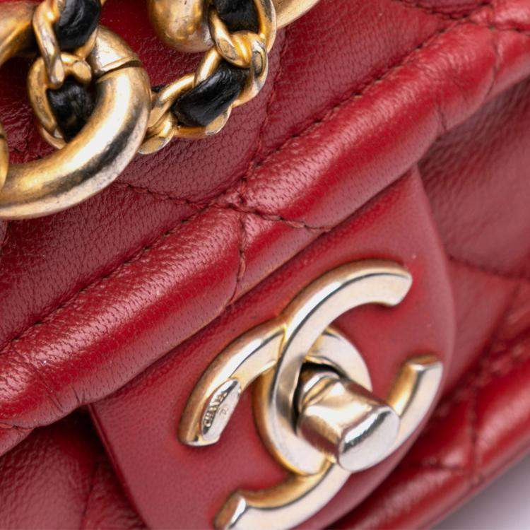 Pre Owned Chanel Red Small Quilted Lambskin Chain Link Flap