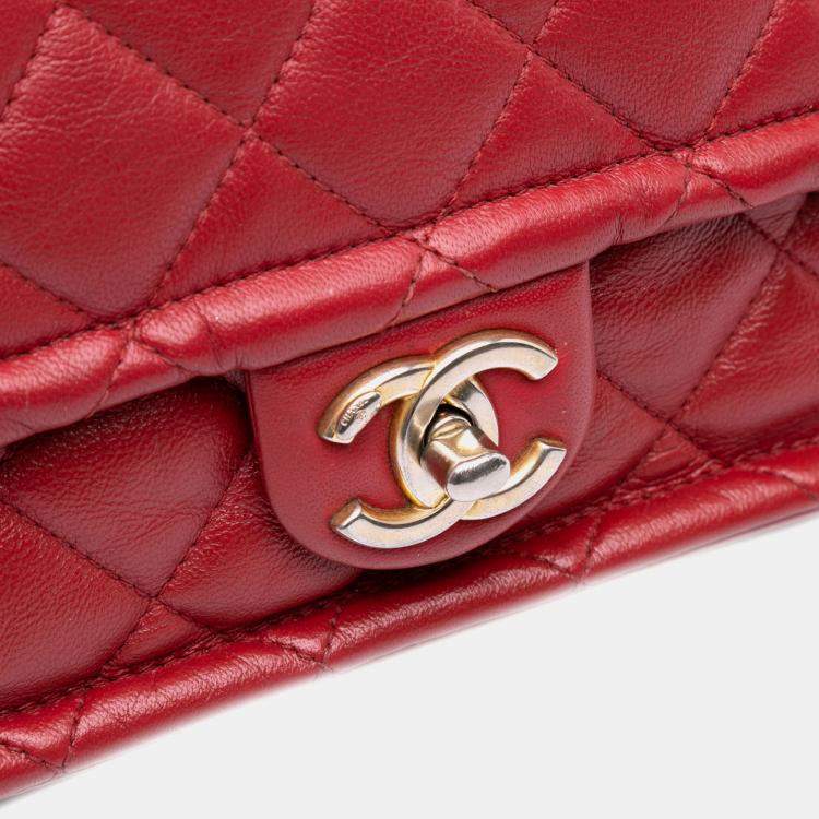 Pre Owned Chanel Red Small Quilted Lambskin Chain Link Flap