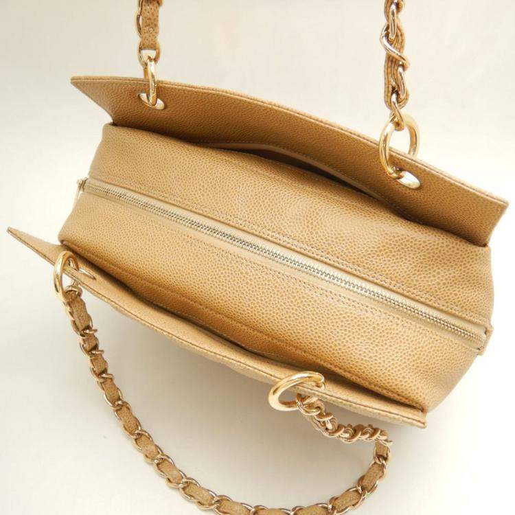 Pre Owned Chanel Beige Caviar Skin CC Chain Tote Bag 