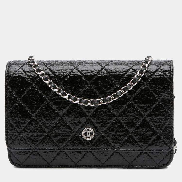 Pre Owned Chanel Black CC Quilted Crinkled Patent Wallet On Chain