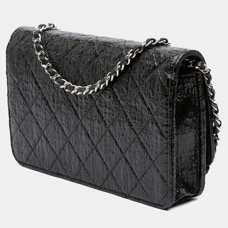 Pre Owned Chanel Black CC Quilted Crinkled Patent Wallet On Chain
