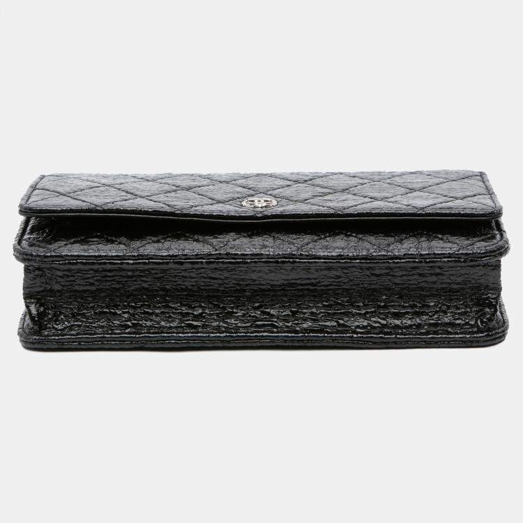 Pre Owned Chanel Black CC Quilted Crinkled Patent Wallet On Chain