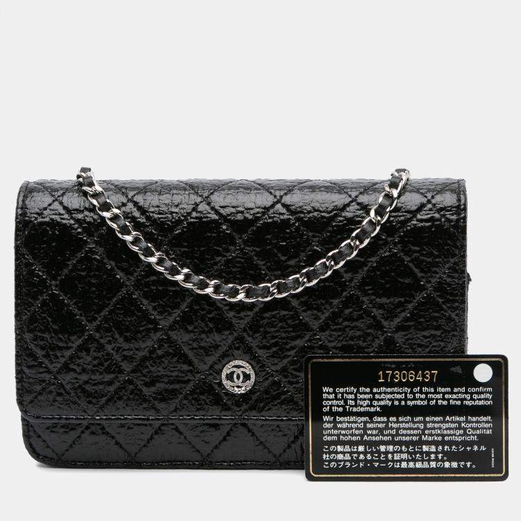 Pre Owned Chanel Black CC Quilted Crinkled Patent Wallet On Chain