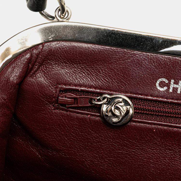 Pre Owned Chanel Black CC Quilted Lambskin Kiss Lock Frame Top Handle Bag