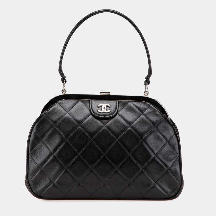Pre Owned Chanel Black CC Quilted Lambskin Kiss Lock Frame Top Handle Bag