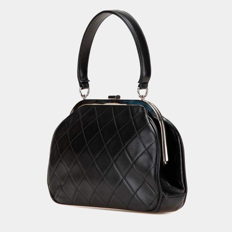 Pre Owned Chanel Black CC Quilted Lambskin Kiss Lock Frame Top Handle Bag