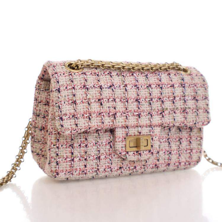 Pre Owned Chanel Pink Tweed Reissue 2.55 Flap Bag 224