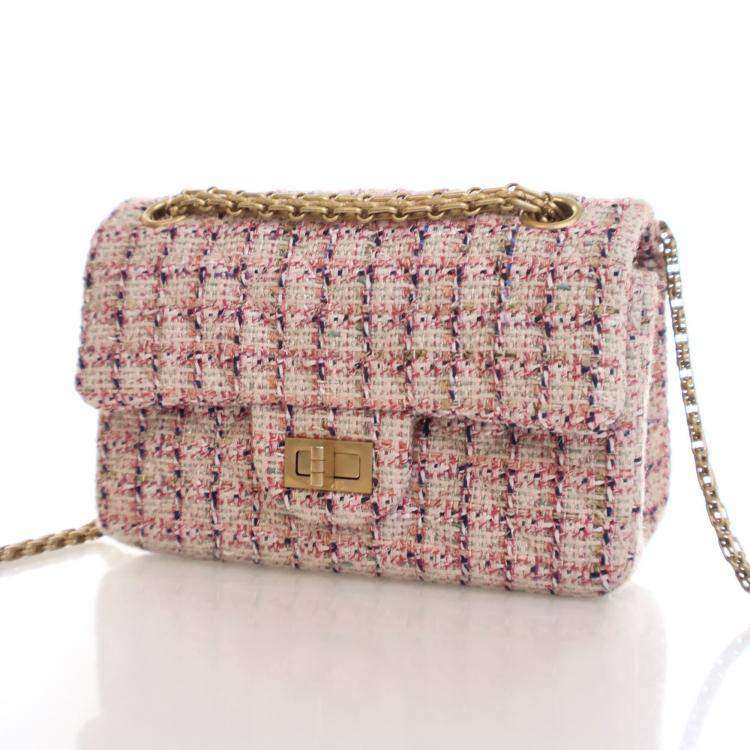 Pre Owned Chanel Pink Tweed Reissue 2.55 Flap Bag 224