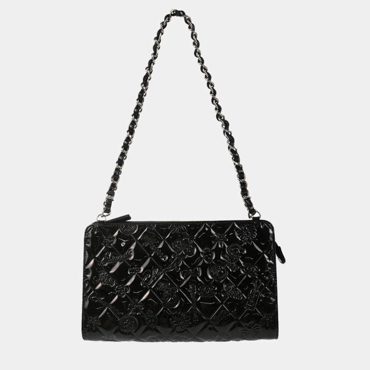 Pre Owned Chanel Black Patent Leather Icon Chain Handbag