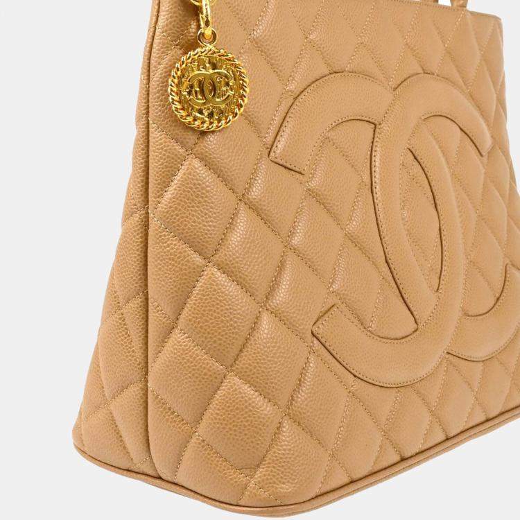 Pre Owned Chanel Beige Calfskin Medallion Tote Bag