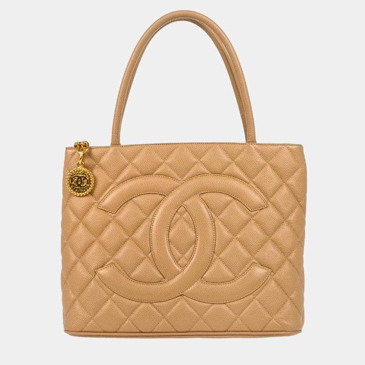 Pre Owned Chanel Beige Calfskin Medallion Tote Bag