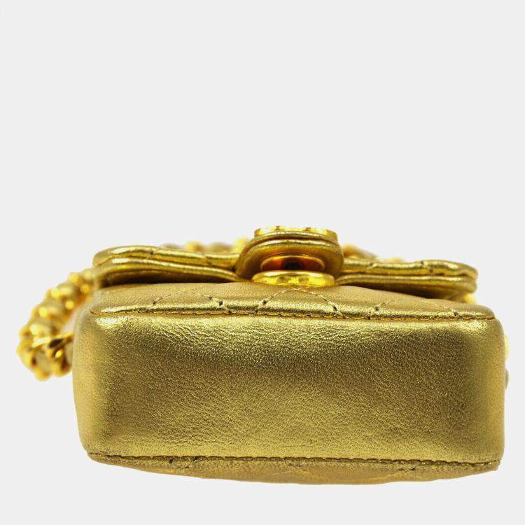 Pre Owned Chanel Gold Lambskin Micro Classic Flap Shoulder Bag