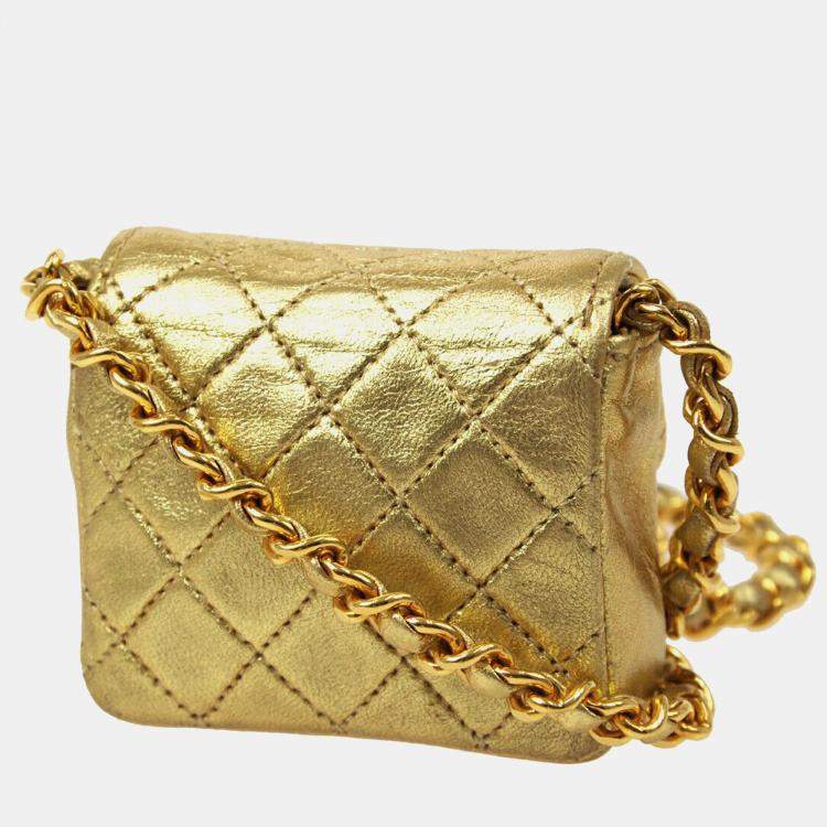Pre Owned Chanel Gold Lambskin Micro Classic Flap Shoulder Bag