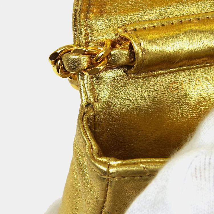 Pre Owned Chanel Gold Lambskin Micro Classic Flap Shoulder Bag