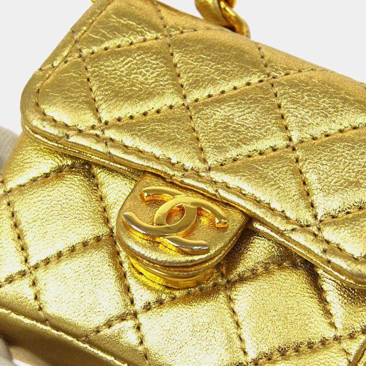 Pre Owned Chanel Gold Lambskin Micro Classic Flap Shoulder Bag