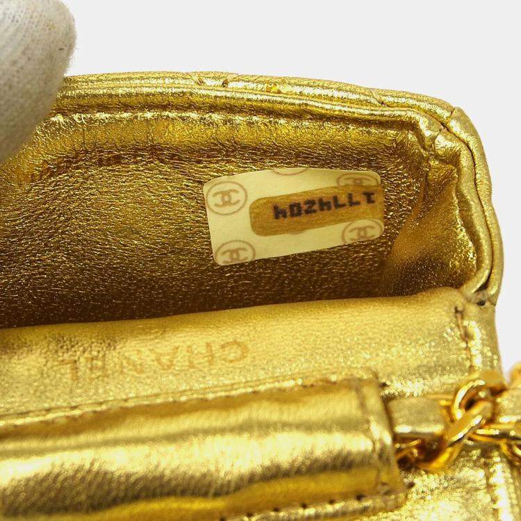 Pre Owned Chanel Gold Lambskin Micro Classic Flap Shoulder Bag