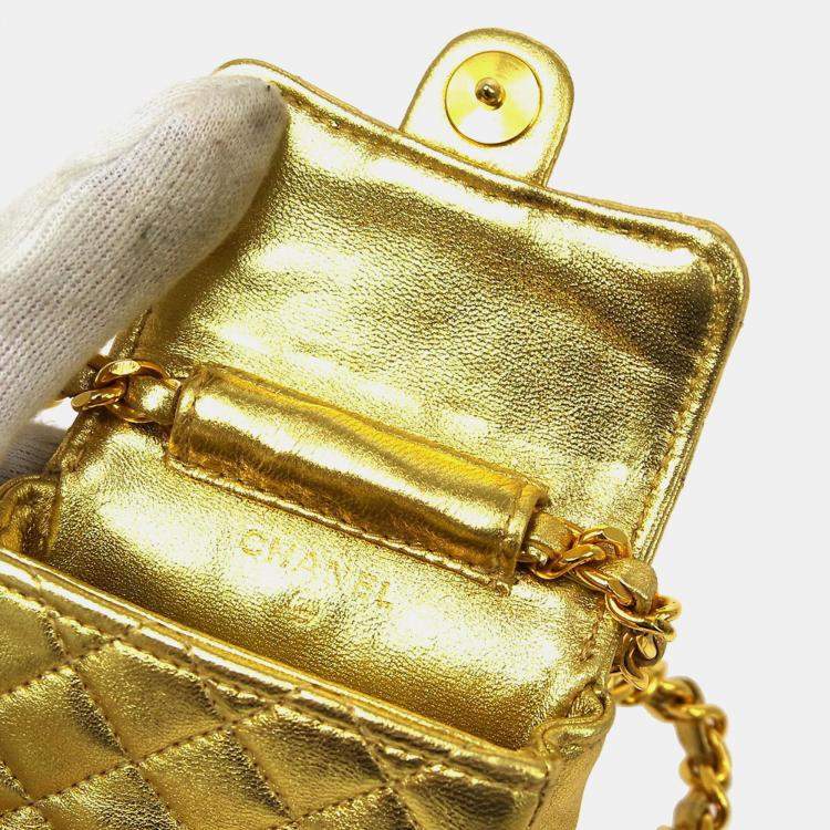 Pre Owned Chanel Gold Lambskin Micro Classic Flap Shoulder Bag