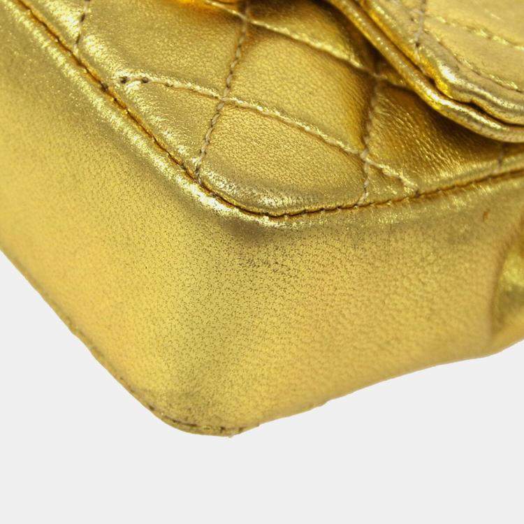 Pre Owned Chanel Gold Lambskin Micro Classic Flap Shoulder Bag