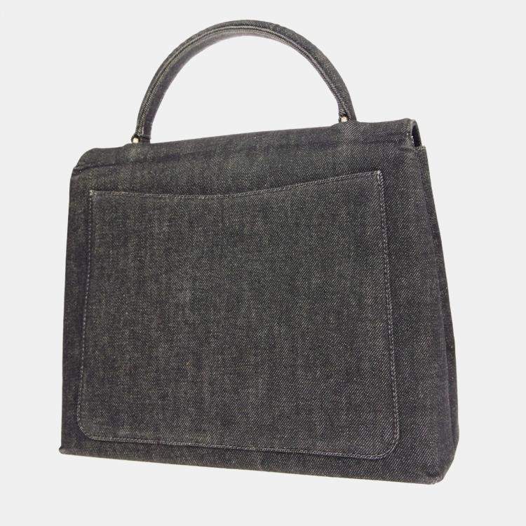 Pre Owned Chanel Black Denim Medium Top Handle Bag 