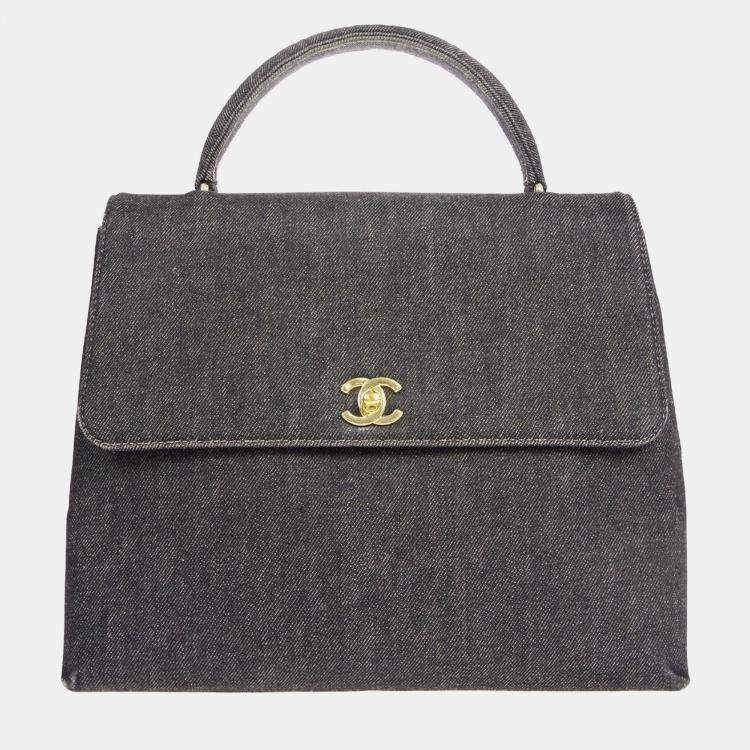 Pre Owned Chanel Black Denim Medium Top Handle Bag 