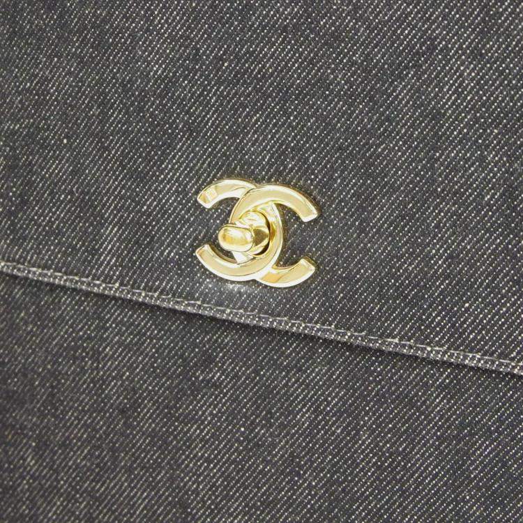 Pre Owned Chanel Black Denim Medium Top Handle Bag 
