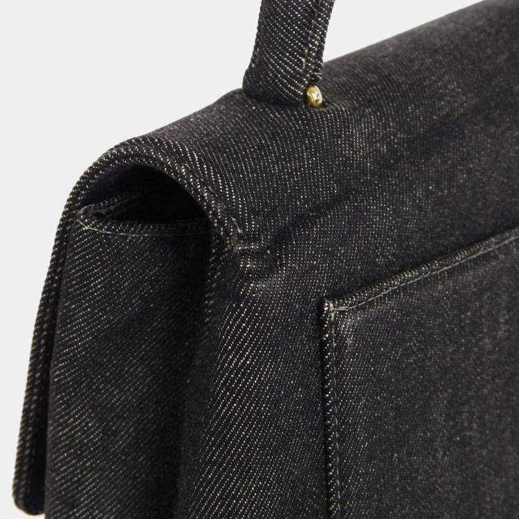 Pre Owned Chanel Black Denim Medium Top Handle Bag 