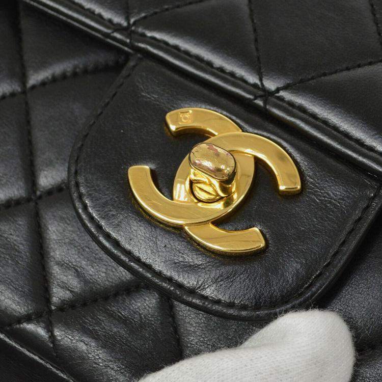 Pre Owned Chanel Black Lambskin Medium Kelly Flap Bag 