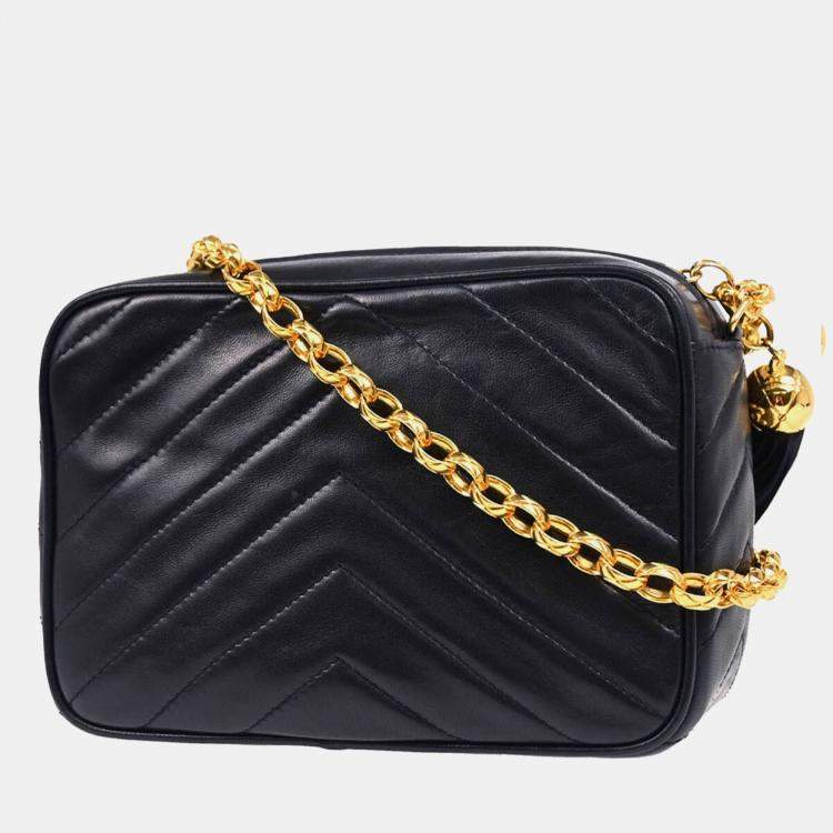 Pre Owned Chanel Navy Chevron Lambskin Vintage Front Pocket Small Camera Bag