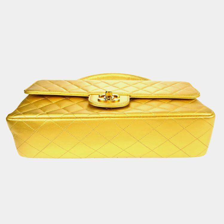 Pre Owned Chanel Gold Lambskin Quilted CC Classic Flap Top Handle Bag