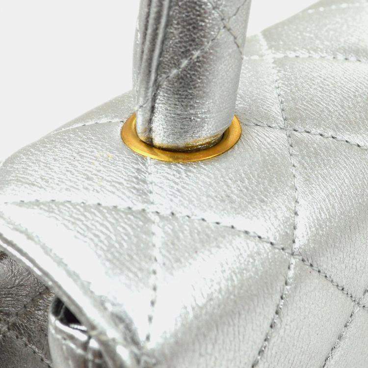 Pre Owned Chanel Silver Lambskin Quilted CC Top Handle Handbag