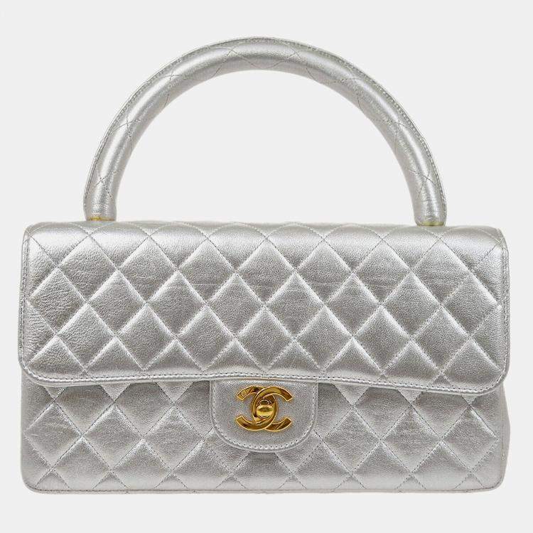 Pre Owned Chanel Silver Lambskin Quilted CC Top Handle Handbag