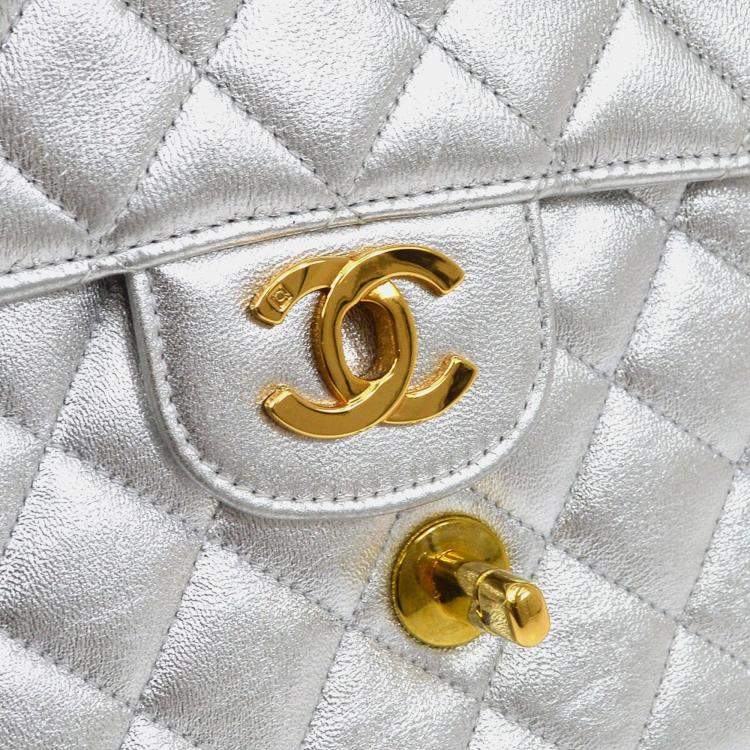 Pre Owned Chanel Silver Lambskin Quilted CC Top Handle Handbag