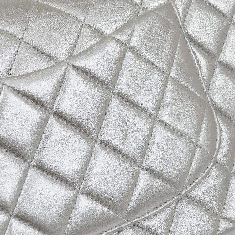 Pre Owned Chanel Silver Lambskin Quilted CC Top Handle Handbag