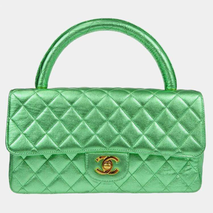 Pre Owned Chanel Metallic Green Lambskin Quilted CC Top Handle Handbag