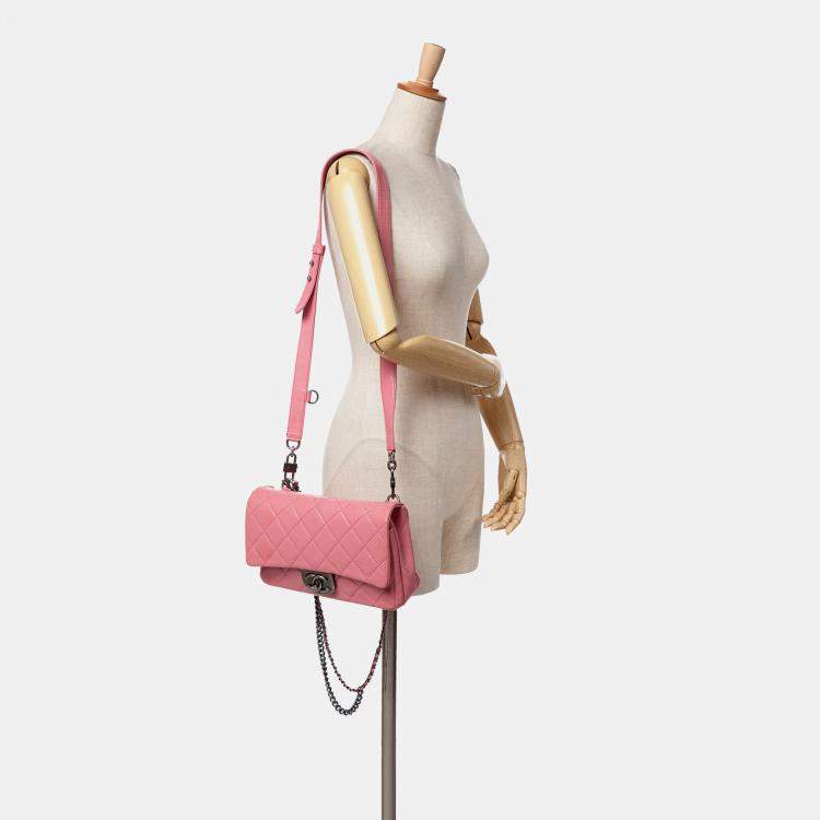 Pre Owned Chanel Pink Small Quilted Shiny Goatskin Double Carry Waist Chain Flap