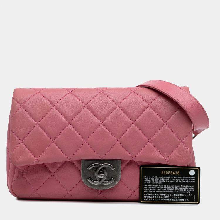 Pre Owned Chanel Pink Small Quilted Shiny Goatskin Double Carry Waist Chain Flap
