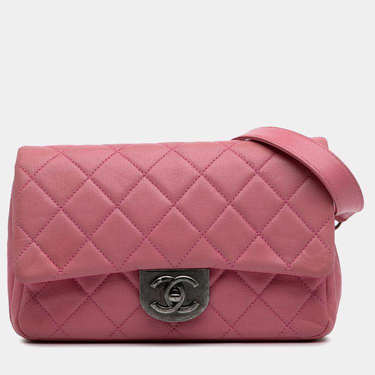 Pre Owned Chanel Pink Small Quilted Shiny Goatskin Double Carry Waist Chain Flap