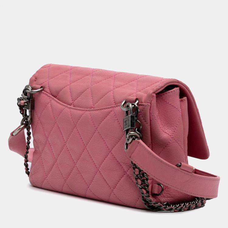 Pre Owned Chanel Pink Small Quilted Shiny Goatskin Double Carry Waist Chain Flap