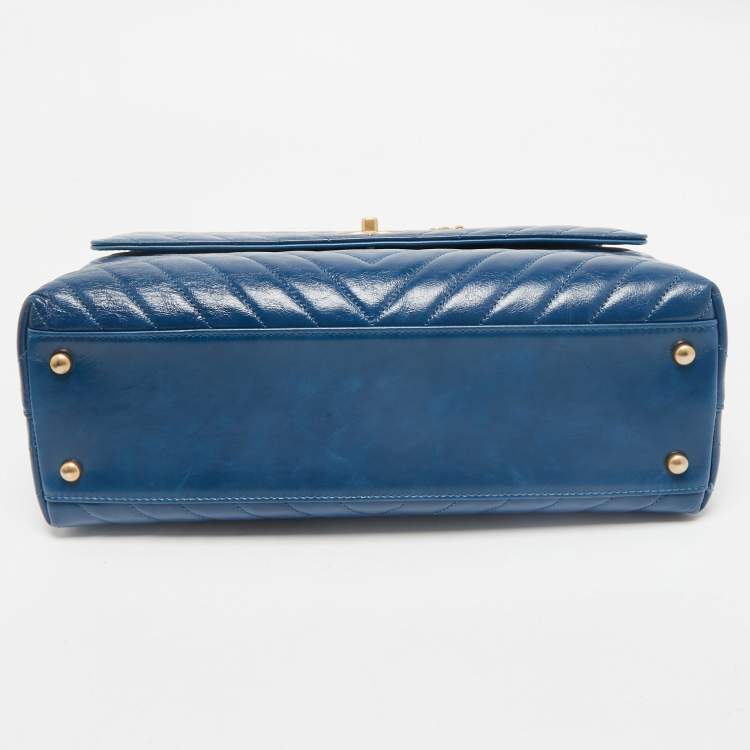 Pre Owned Chanel Blue Chevron Quilted Leather and Lizard Medium Coco Top Handle Bag