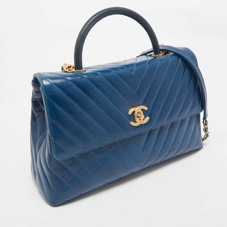 Pre Owned Chanel Blue Chevron Quilted Leather and Lizard Medium Coco Top Handle Bag