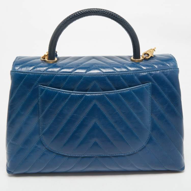 Pre Owned Chanel Blue Chevron Quilted Leather and Lizard Medium Coco Top Handle Bag