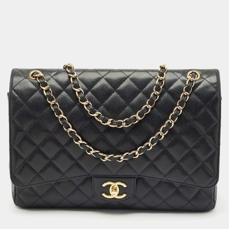 Pre Owned Chanel Black Quilted Caviar Leather Maxi Classic Double Flap Bag