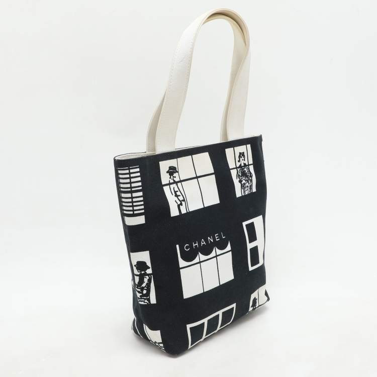 Pre Owned Chanel Navy Blue/White Canvas Coco Window Tote