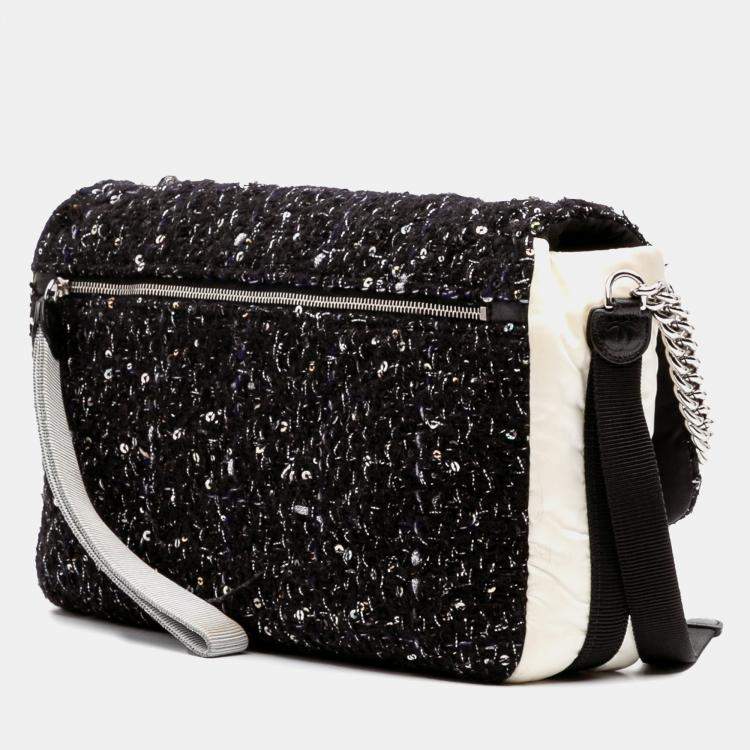 Pre Owned Chanel Black White Bicolor Tweed and Nylon Astronaut Essentials Flap