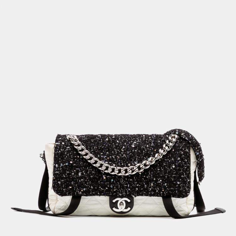 Pre Owned Chanel Black White Bicolor Tweed and Nylon Astronaut Essentials Flap