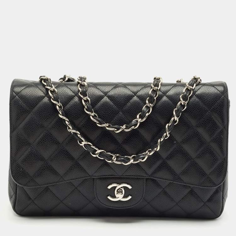 Pre Owned Chanel Black Quilted Caviar Leather Jumbo Classic Single Flap Bag