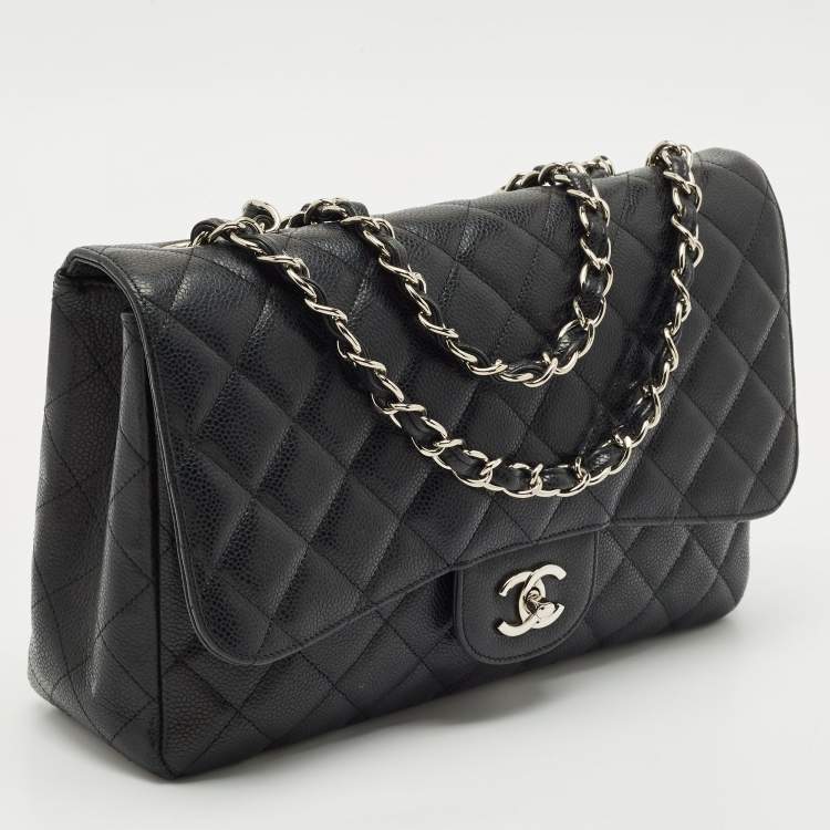 Pre Owned Chanel Black Quilted Caviar Leather Jumbo Classic Single Flap Bag
