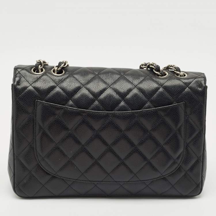 Pre Owned Chanel Black Quilted Caviar Leather Jumbo Classic Single Flap Bag