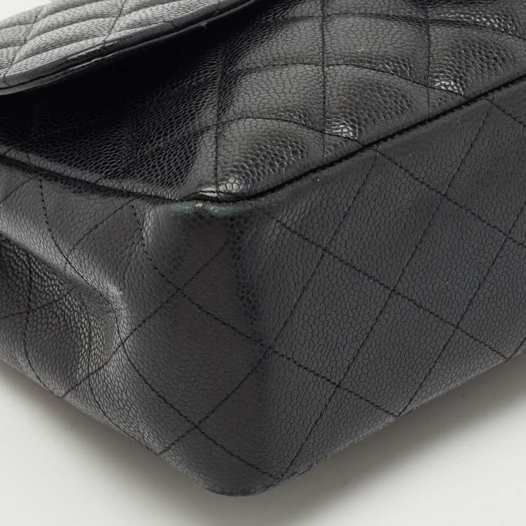 Pre Owned Chanel Black Quilted Caviar Leather Jumbo Classic Single Flap Bag